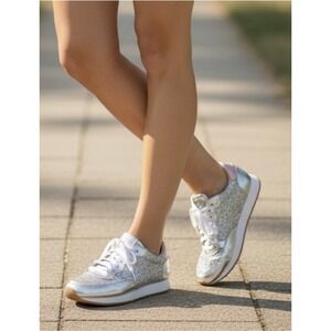 Kate Spade Sneakers Women 7.5 Silver Lift Glitter Metallic Lace Up Trainers